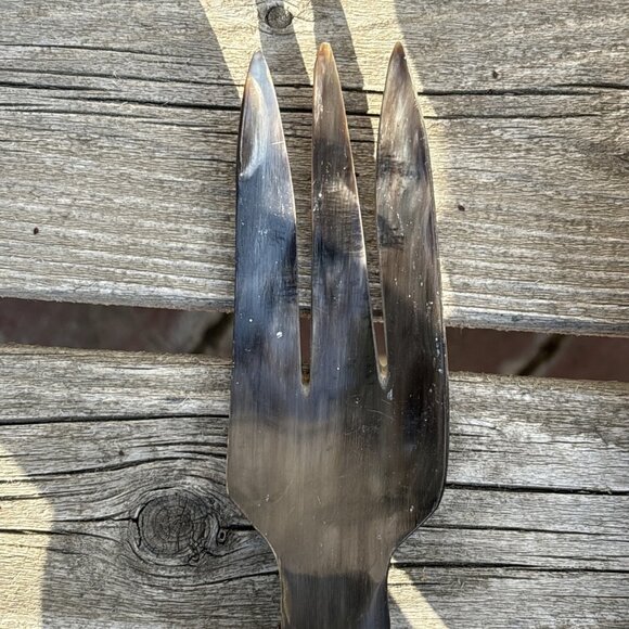 Vintage Hand Carved Horn Spoons Fork Lot of 3 Large Ladle Bovine Horn Canada - Picture 2 of 13